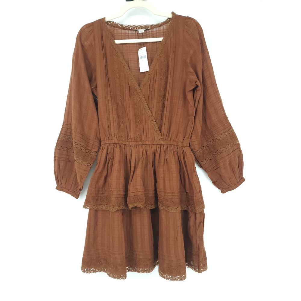 American Eagle Mini Dress Women M Brown Lace Ruffle Tiered Boho Cottage Peasant